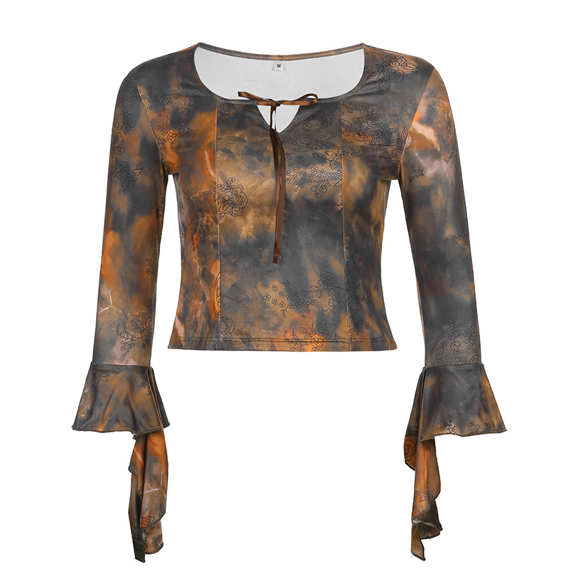 Tie Dye Ruffle Sleeve Slim Fit Short Long Sleeve Top