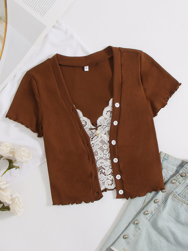 Lace Stitching Fake Two piece Short sleeved T shirt Women's 2022 New Sexy Navel Short Hot Girl Top Women's Design Sense