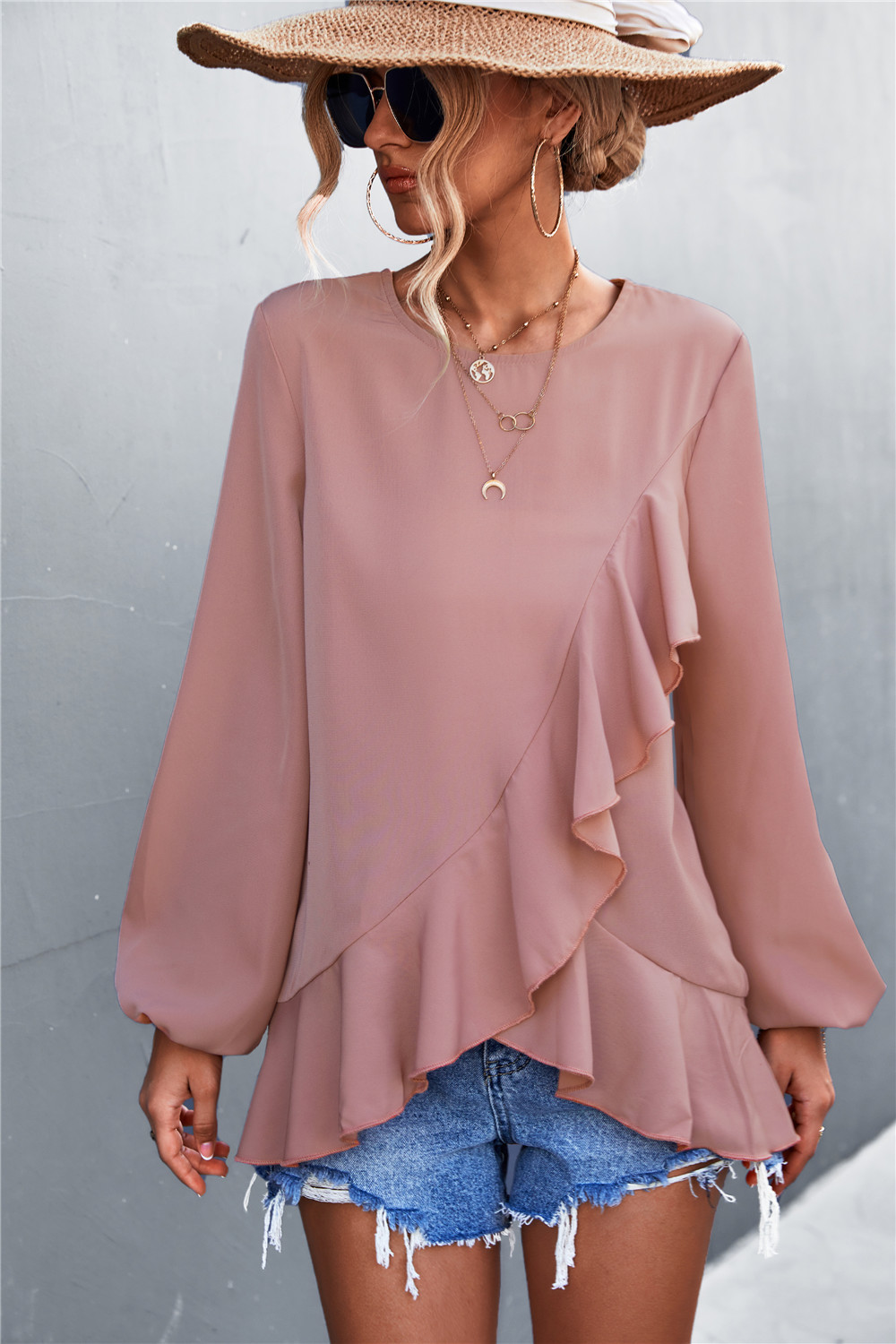 Casual Solid Color Round Neck Long Sleeve Irregular Blouse