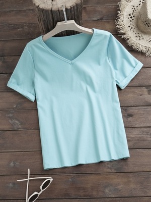 V neck Solid Color Cotton And Linen Short sleeved T shirt