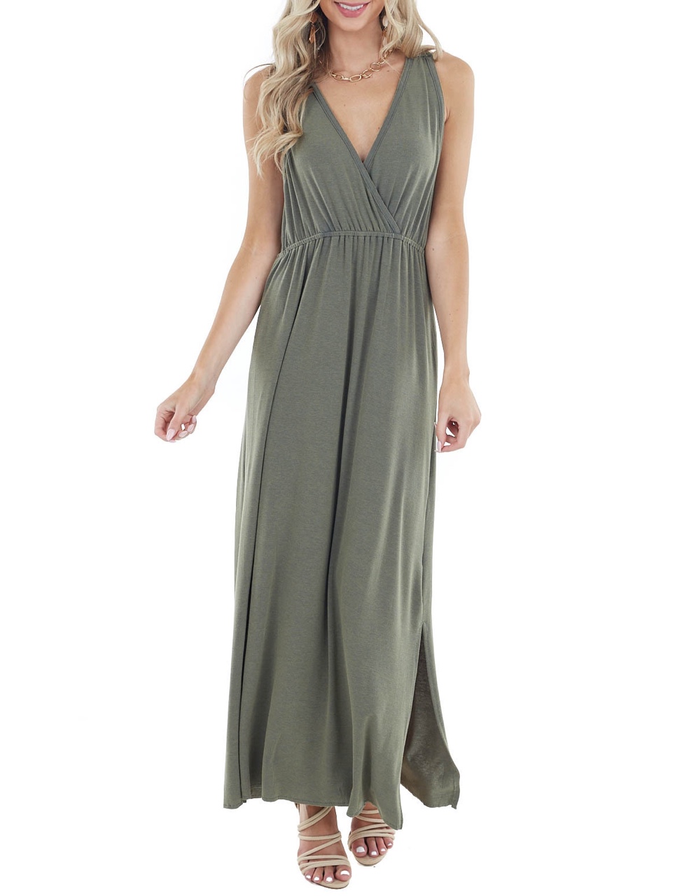 V Neck Loose Solid Color Long Casual Backless Dress