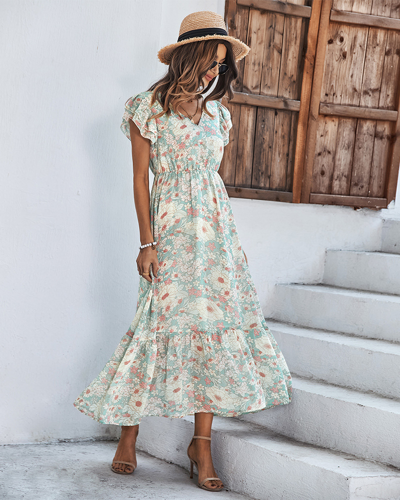Floral Printed V Neck Ruffle Short Sleeve Panel Hem Maxi Dress