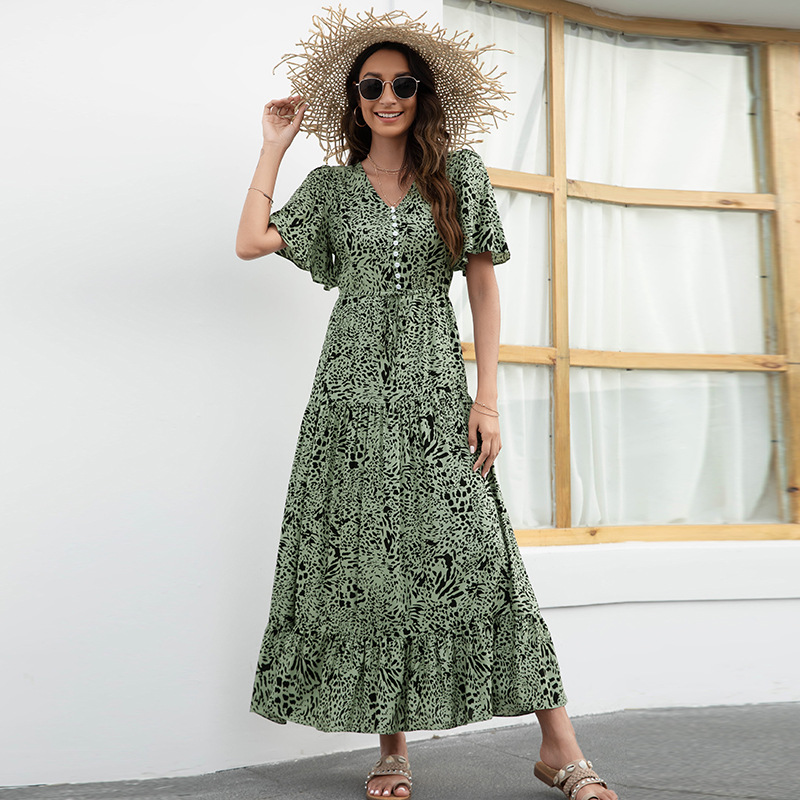Printed V Neck Ruffled Swing Short Sleeves Maxi Dress