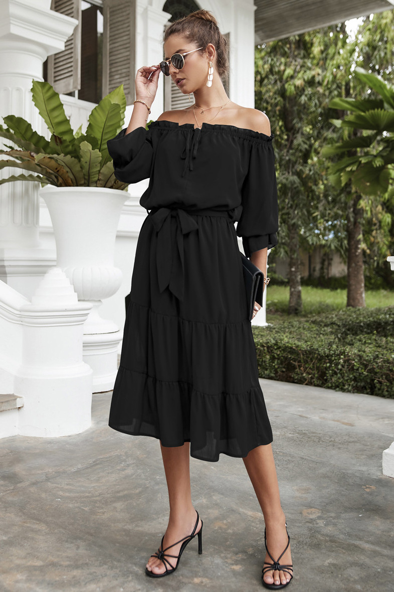Solid Color Chiffon Off Shoulder Loose Casual Midi Dress