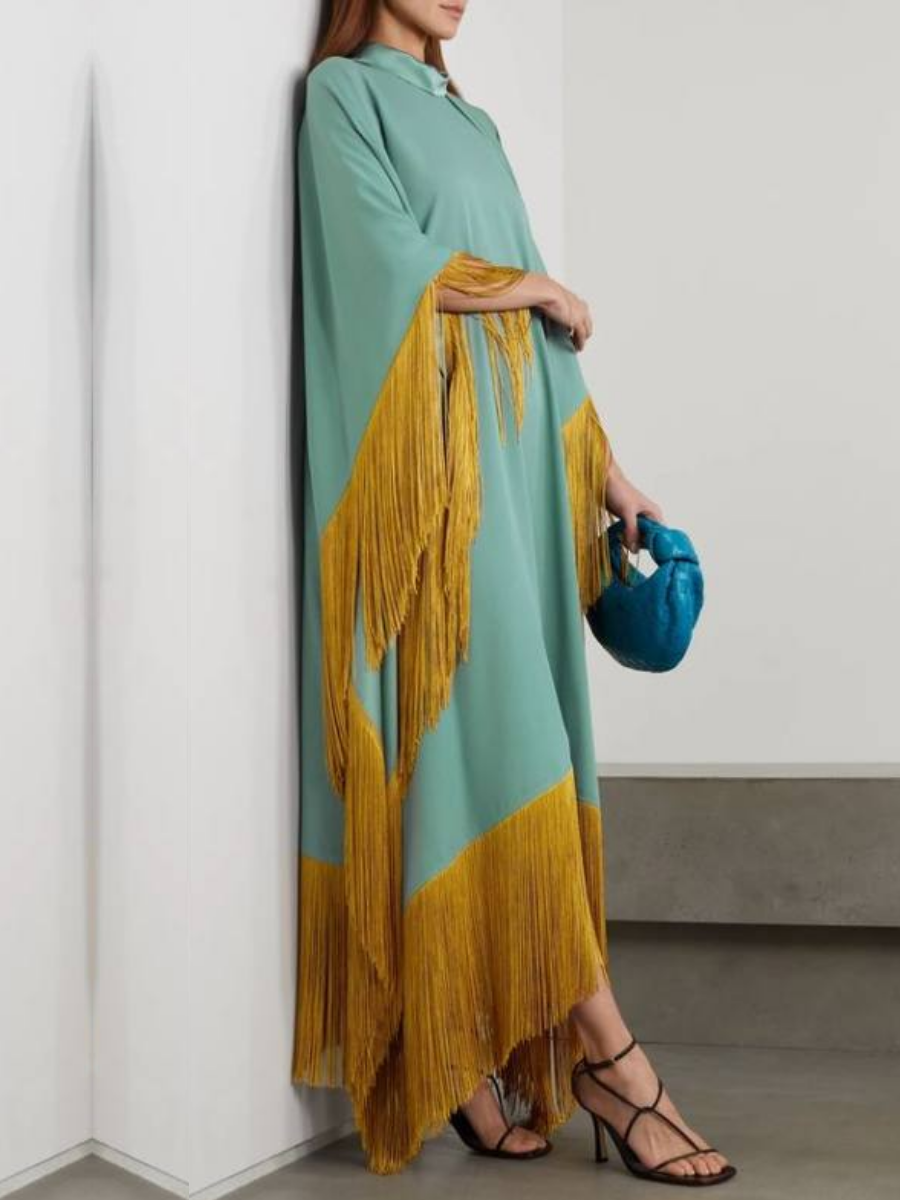 Women's Elegant Simple Turquoise Silk Fringe Long Dress
