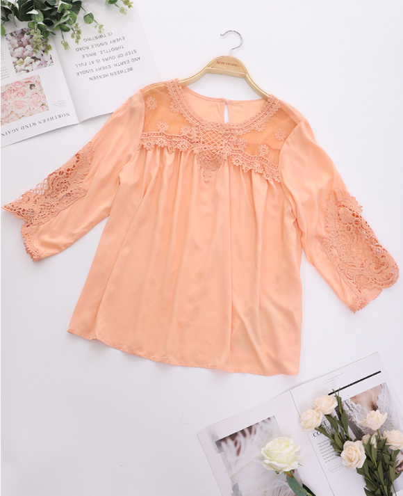 Summer Solid Color Lace Mid sleeve Blouse