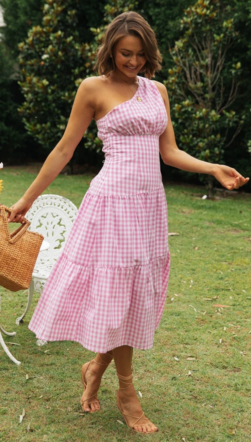 Check Print One Shoulder Maxi Dress