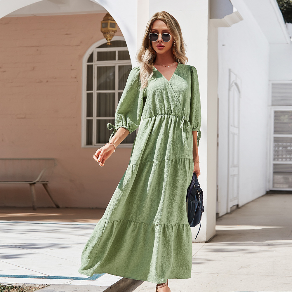 Solid V Neck Three quarter Sleeve Panel Hem Maxi Dress