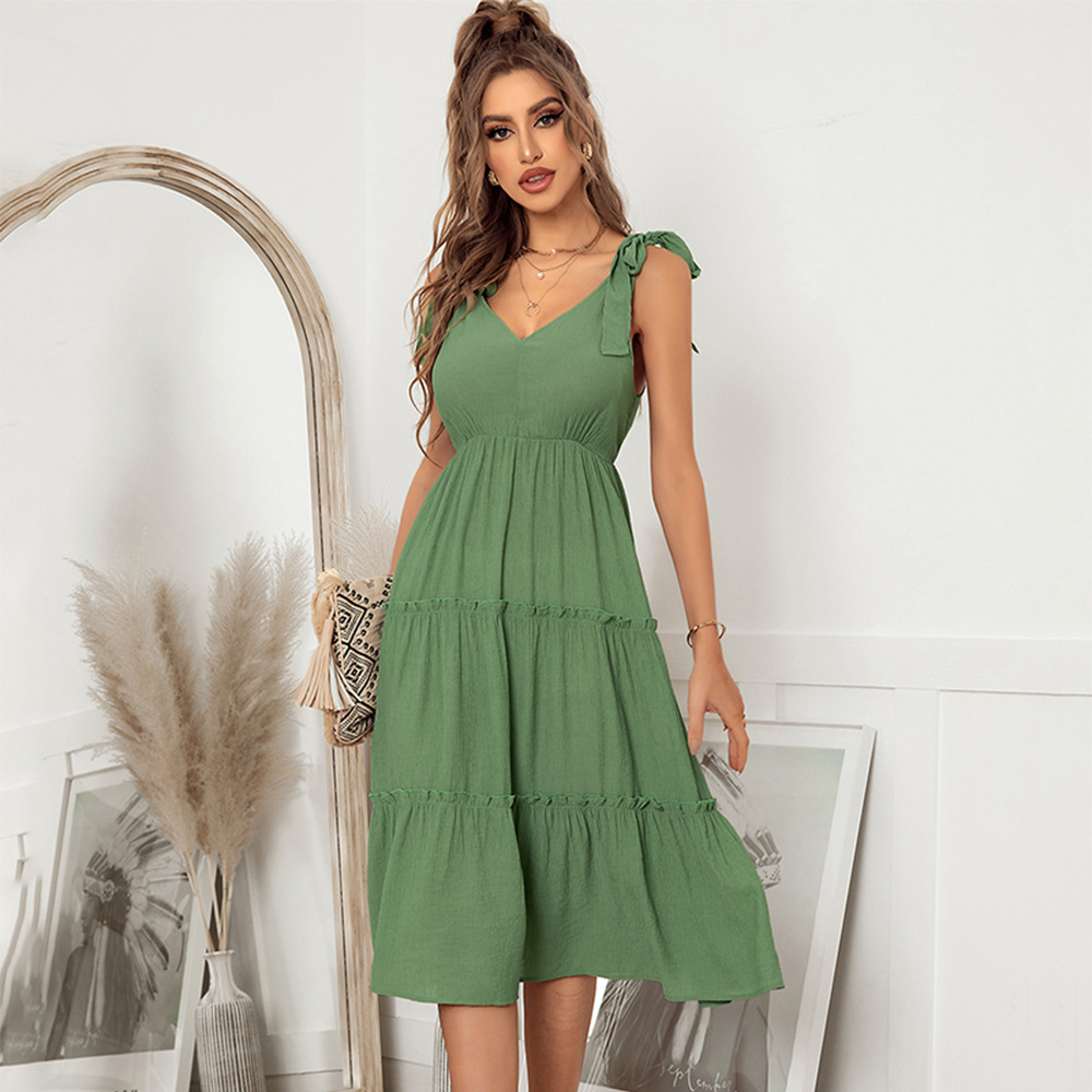 Solid Color Strap Tie Rope V Neck Panel Hem Midi Dress