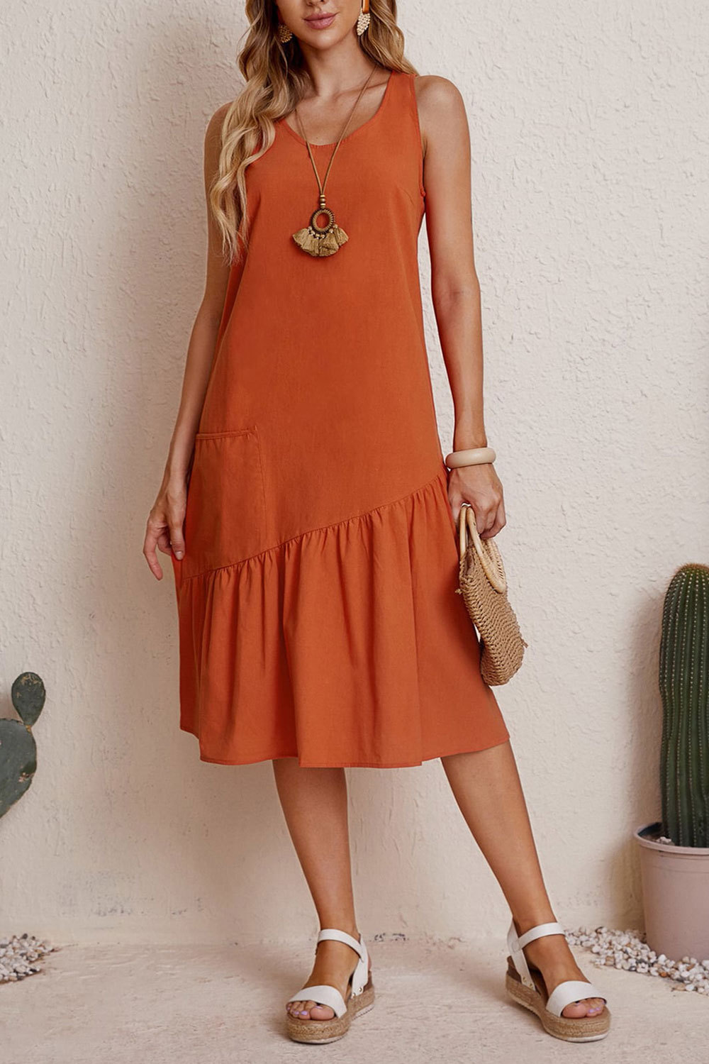 Casual Pocket Panel Solid Crew Neck Sleeveless Midi Dress