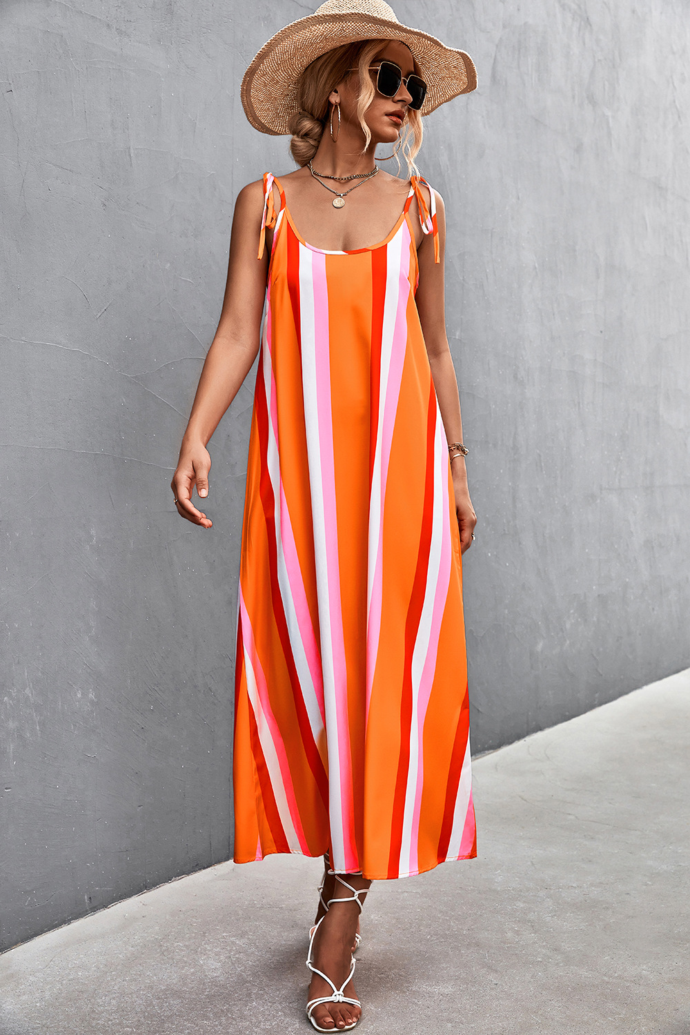 Casual Fashion Contrast Stripe Round Neck Sleeveless Sling Maxi Dress