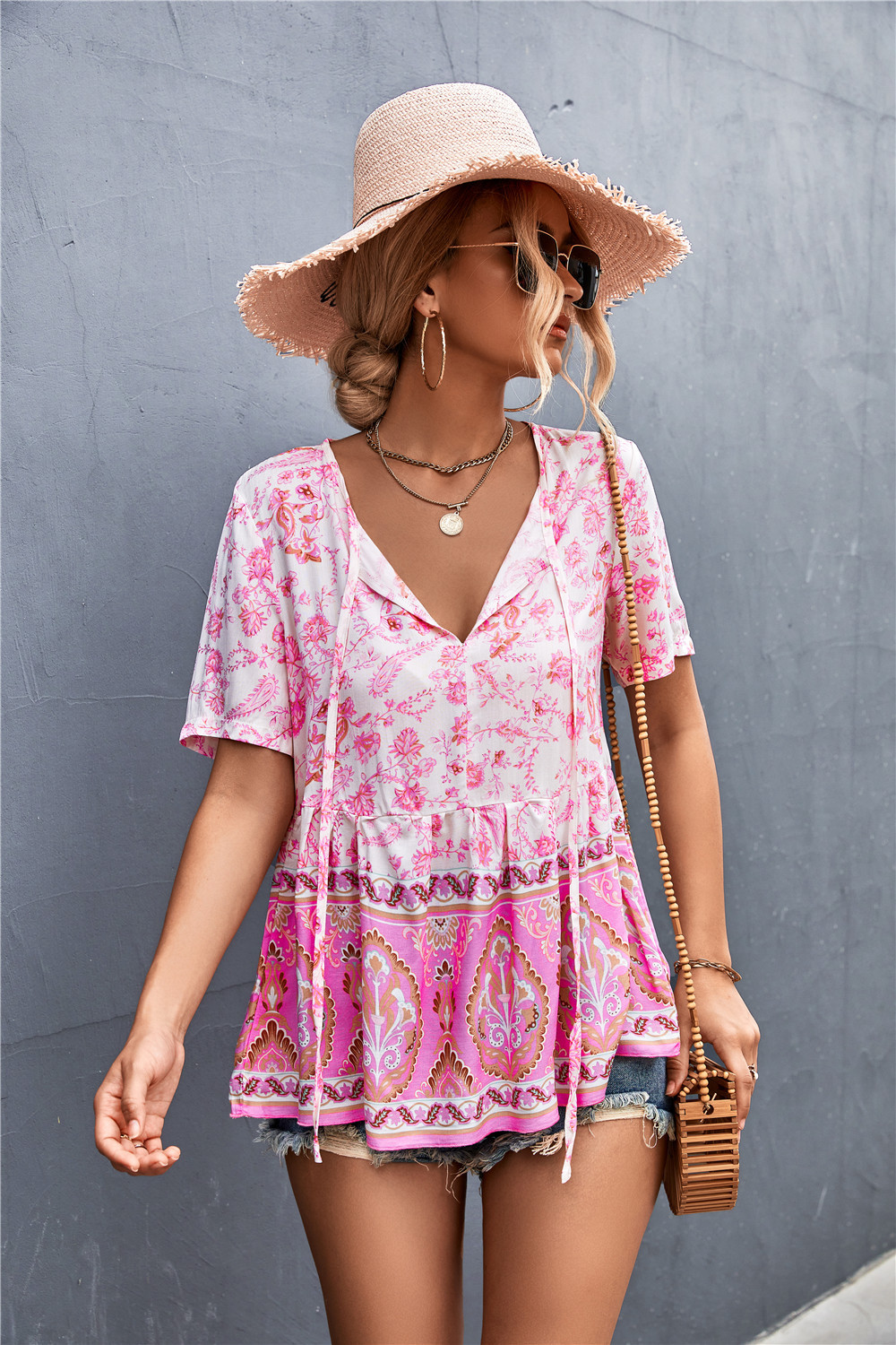 Casual Ethnic Print V Neck Tie Short Sleeve Blouse