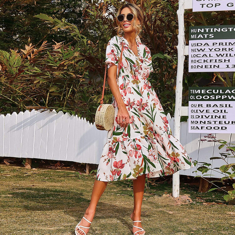 Casual Printed V Neck Short Sleeve Maxi Dress