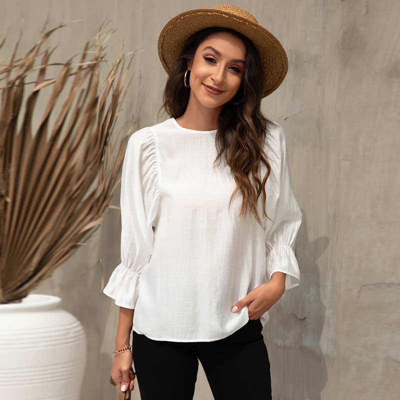 Round Neck Casual Loose Solid Color Long Sleeve Blouse