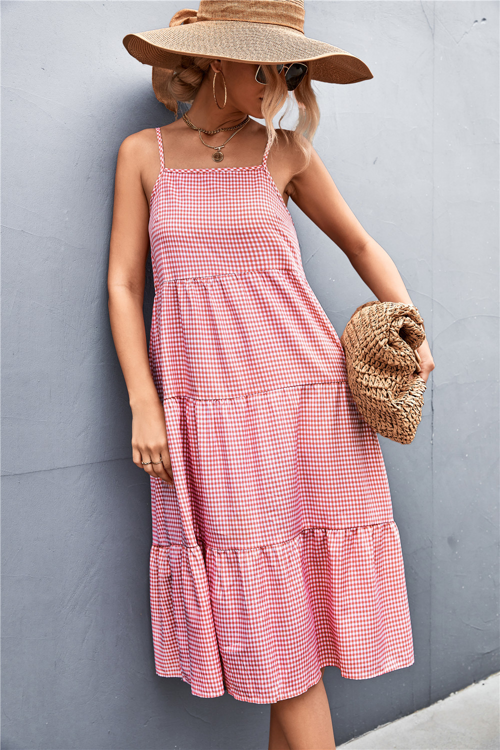 Casual Check Slip Midi Dress