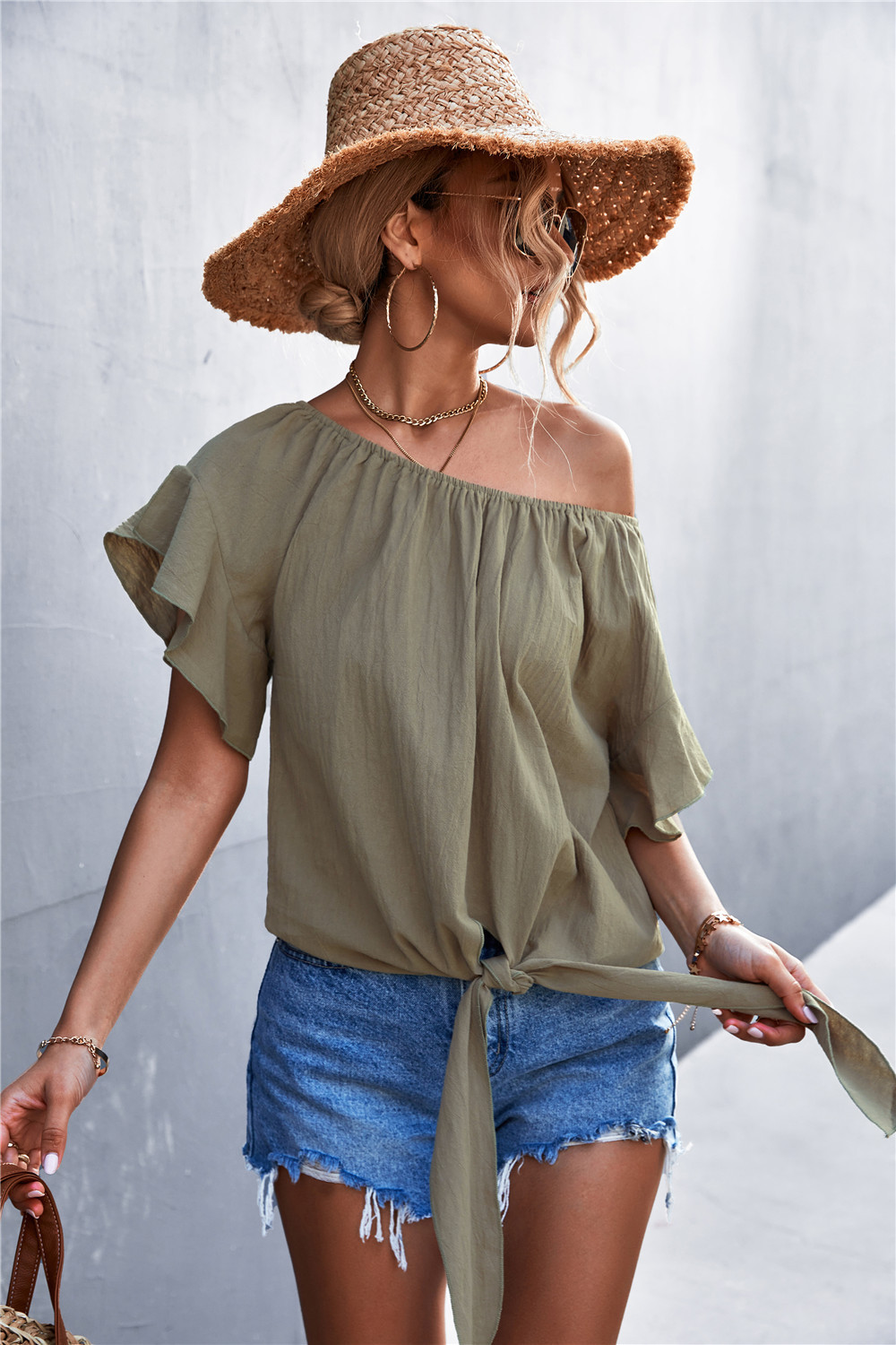 Casual Solid Ruffle Tie Crew Neck Short Sleeve Blouse
