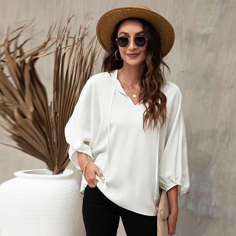 V neck Casual Loose Solid Color Long sleeved Blouse