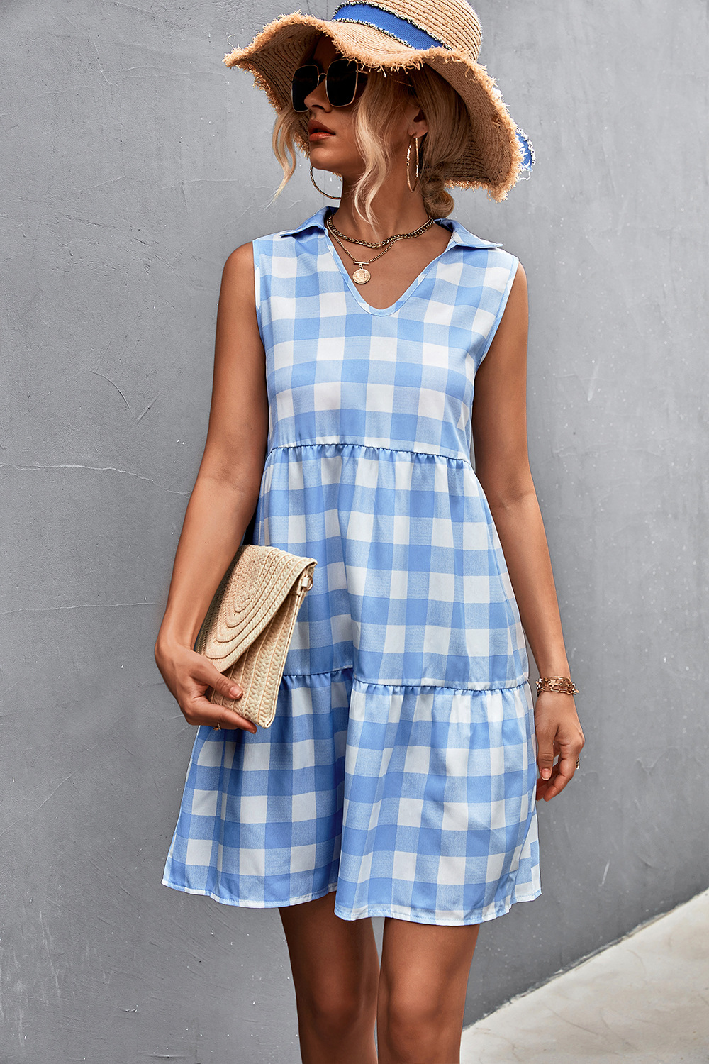 Casual Loose Check V Neck Sleeveless Short Dress