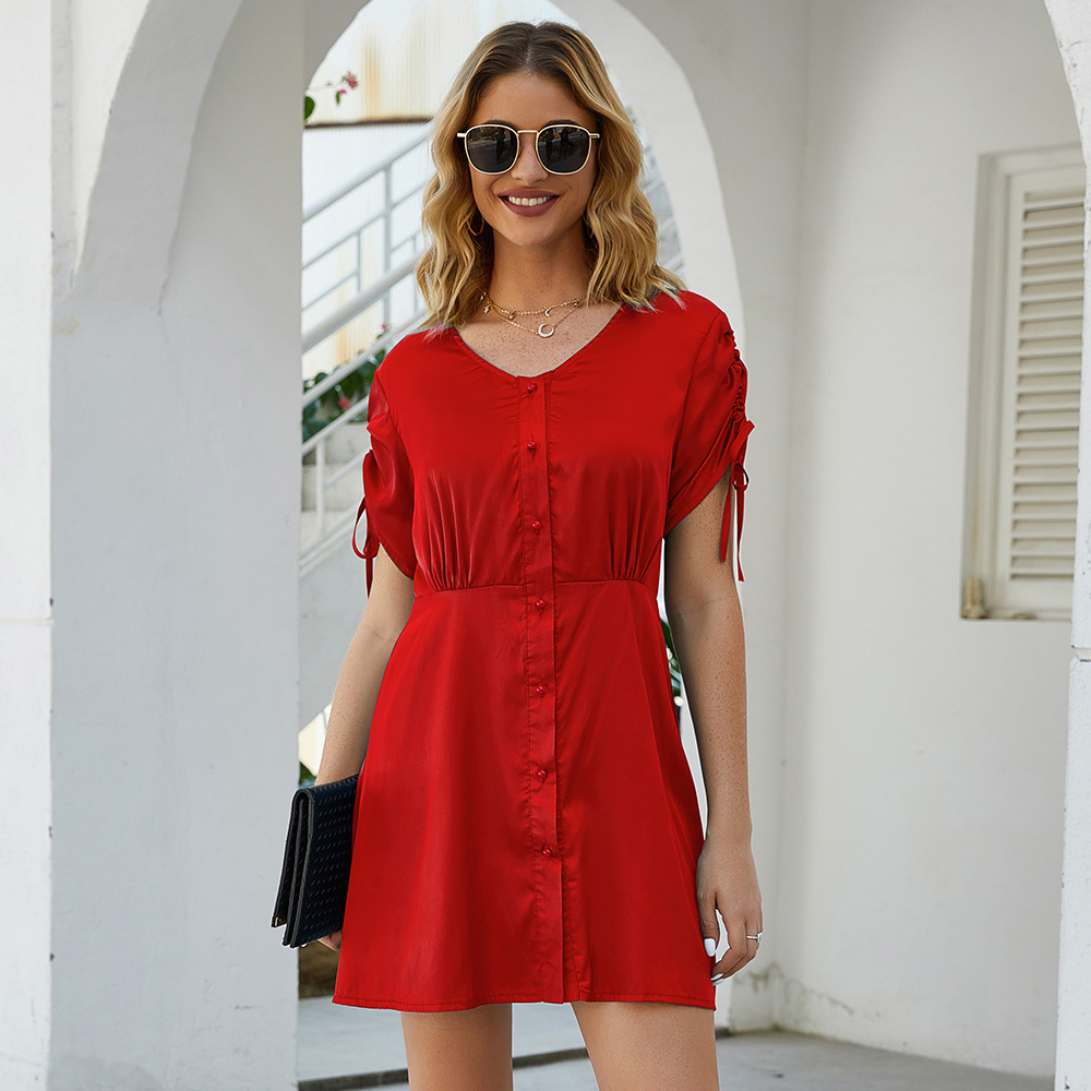 Casual Solid Color V Neck Short Sleeve Short Dress