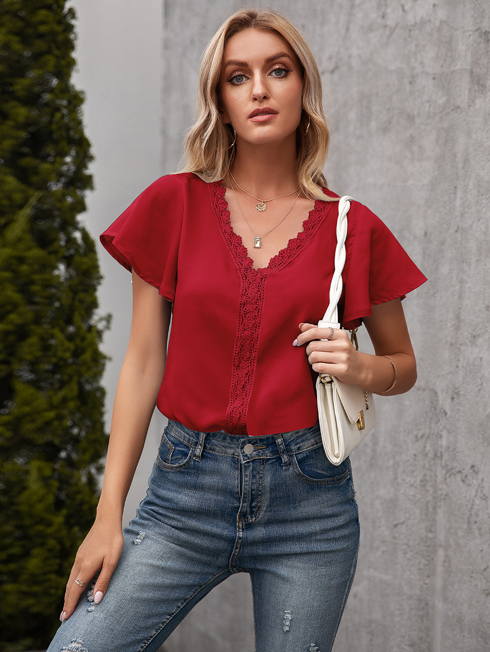 Casual Solid Color V Neck Loose Short Sleeve Shirt