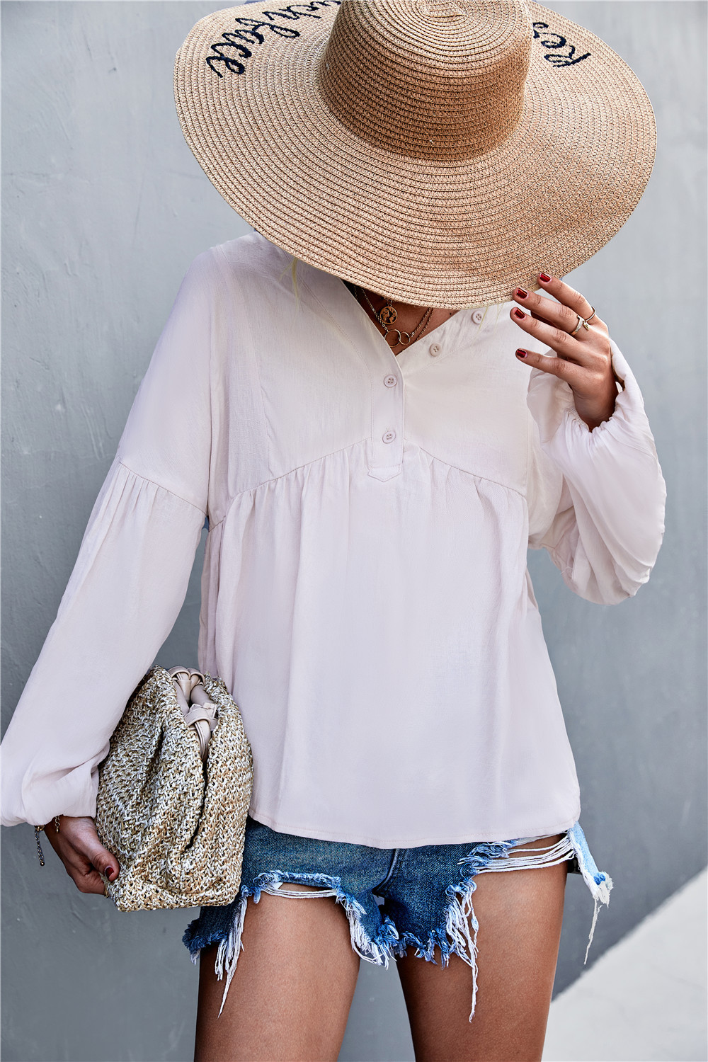 Loose Casual Solid Color V Neck Buttoned Long Sleeve Blouse
