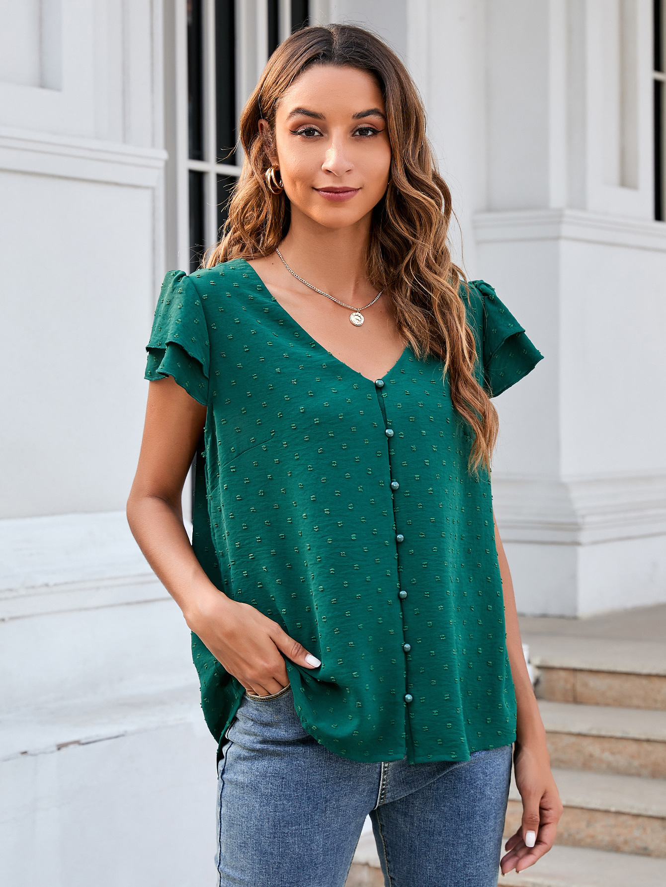 Casual Solid Color V Neck Short Sleeve Shirt