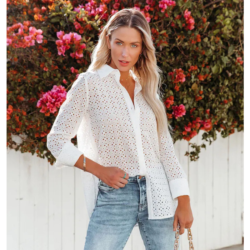 Ladies Casual Solid Color Embroidered Hollow V Neck Shirt