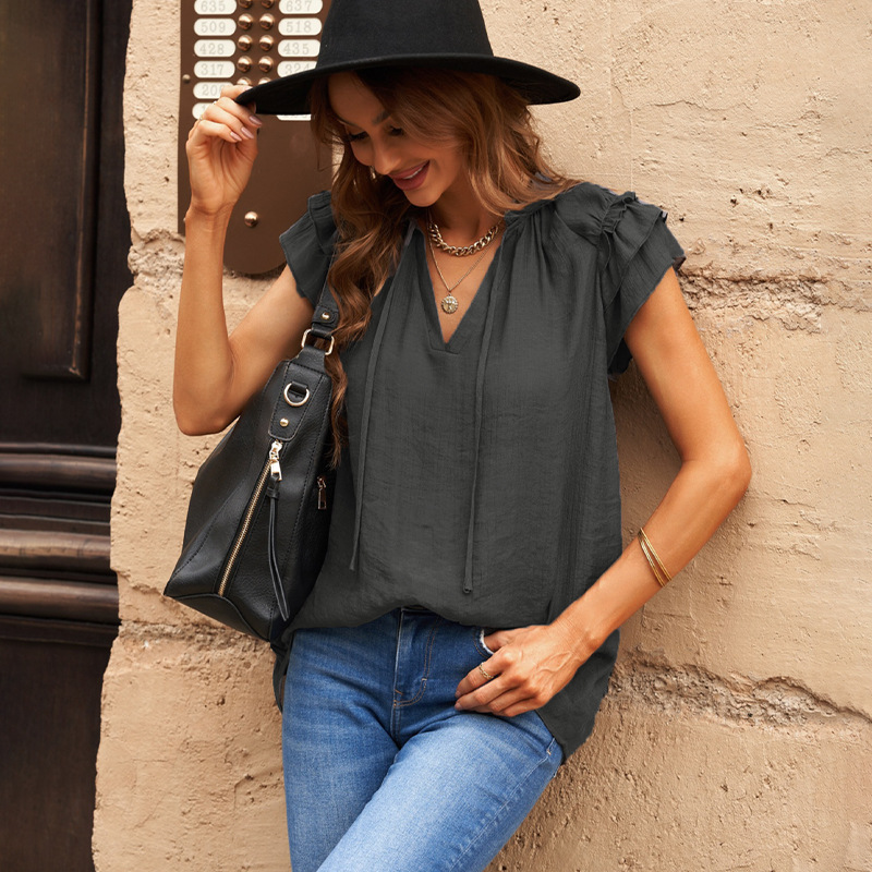 Casual V Neck Solid Color Short Sleeve Blouse