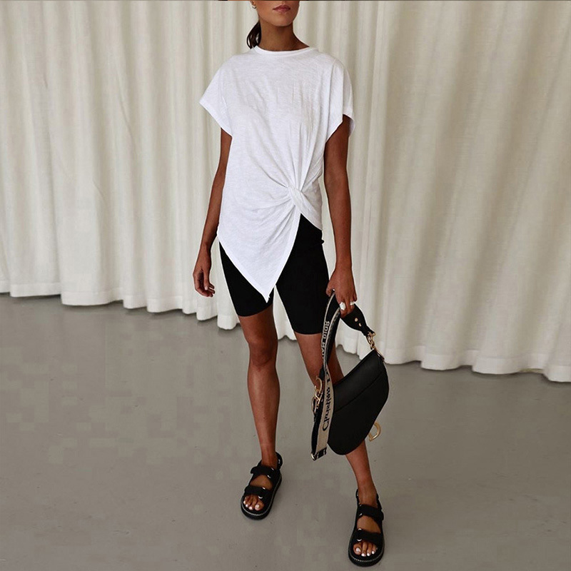 Summer Solid Color Asymmetric Round Neck Short Sleeve T shirt