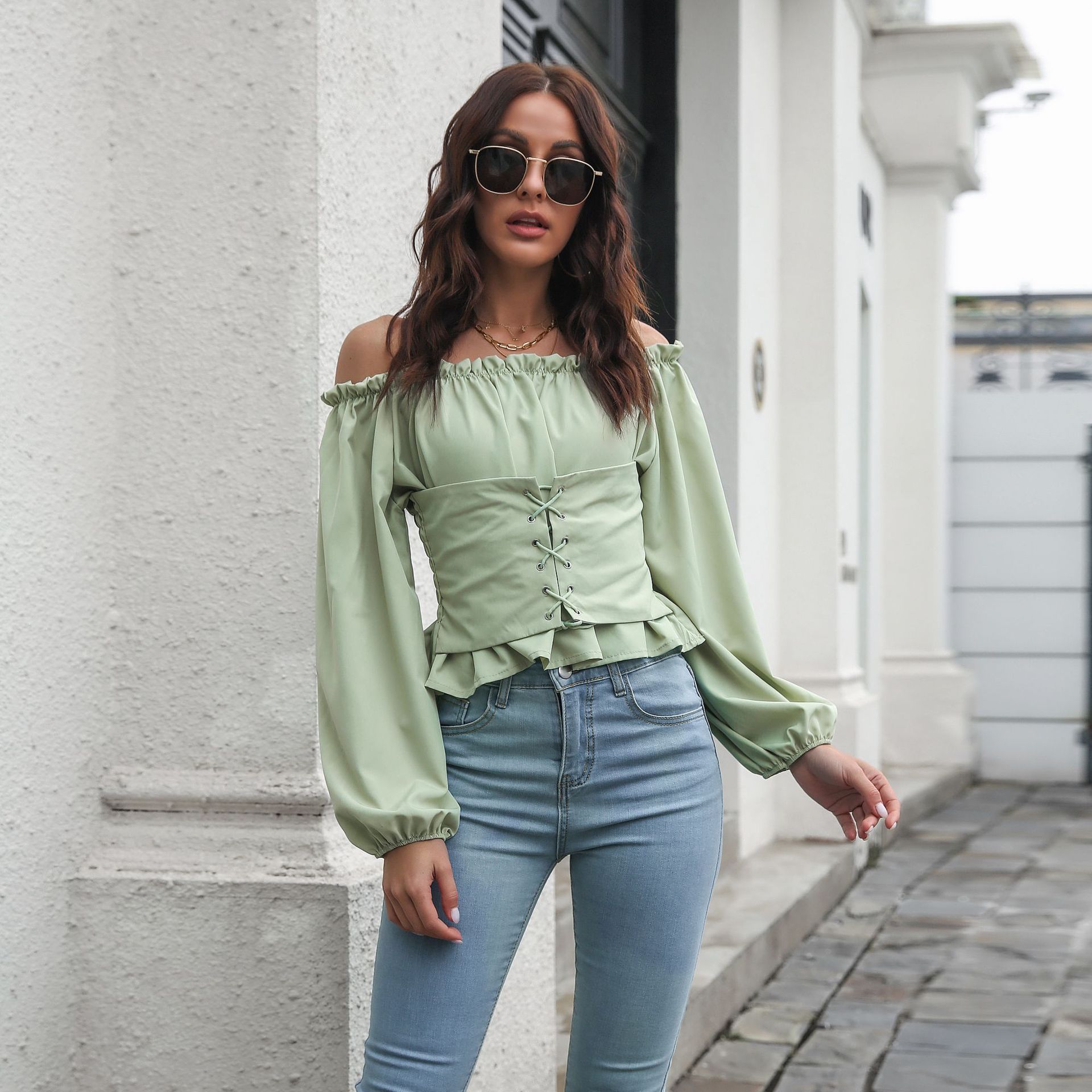 Front Tie Lantern Sleeves Straight Neck Corset Short Women's Chiffon Shirt