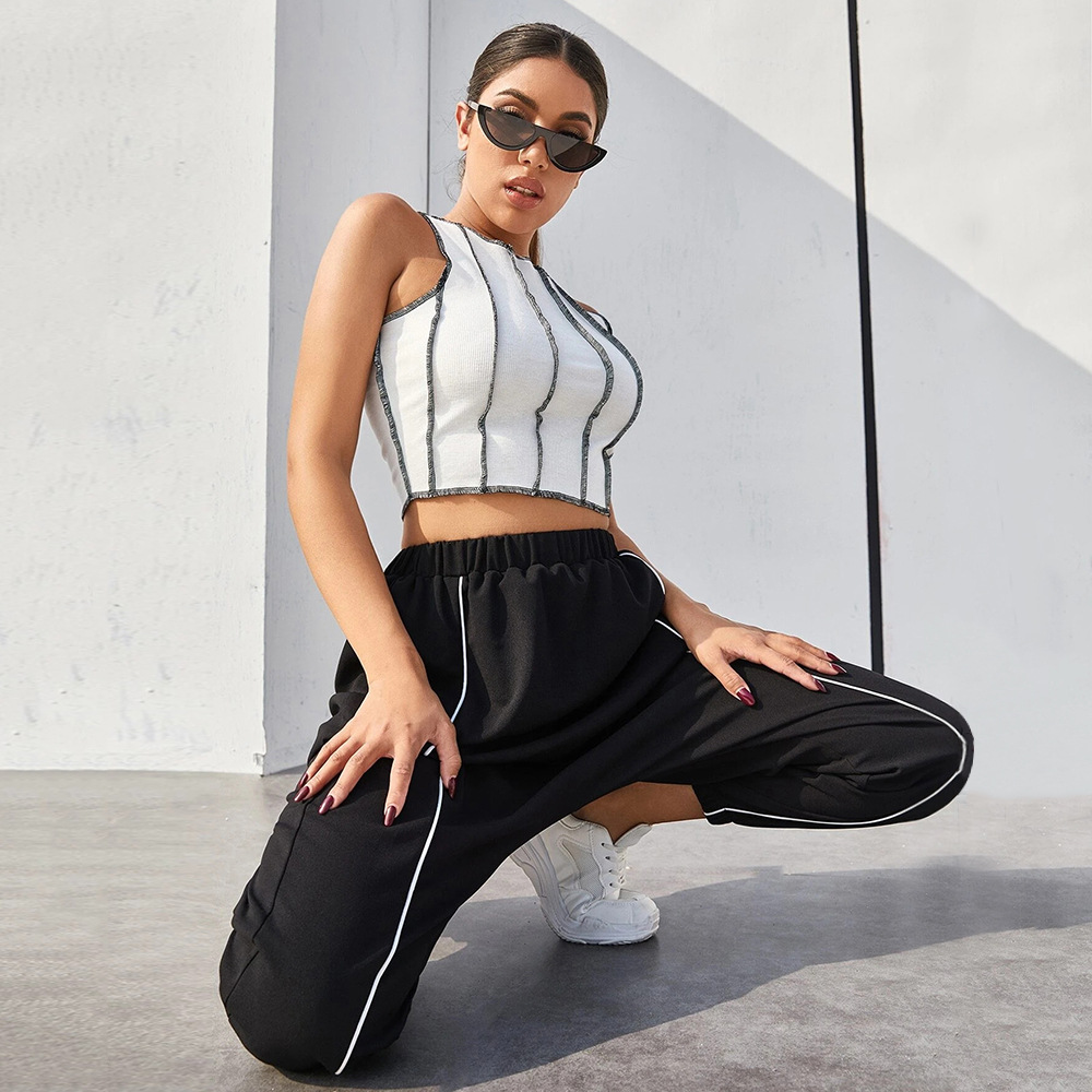 Stitching Contrast Color Sewing Round Neck T Shirt Slim Short Tank Top Women