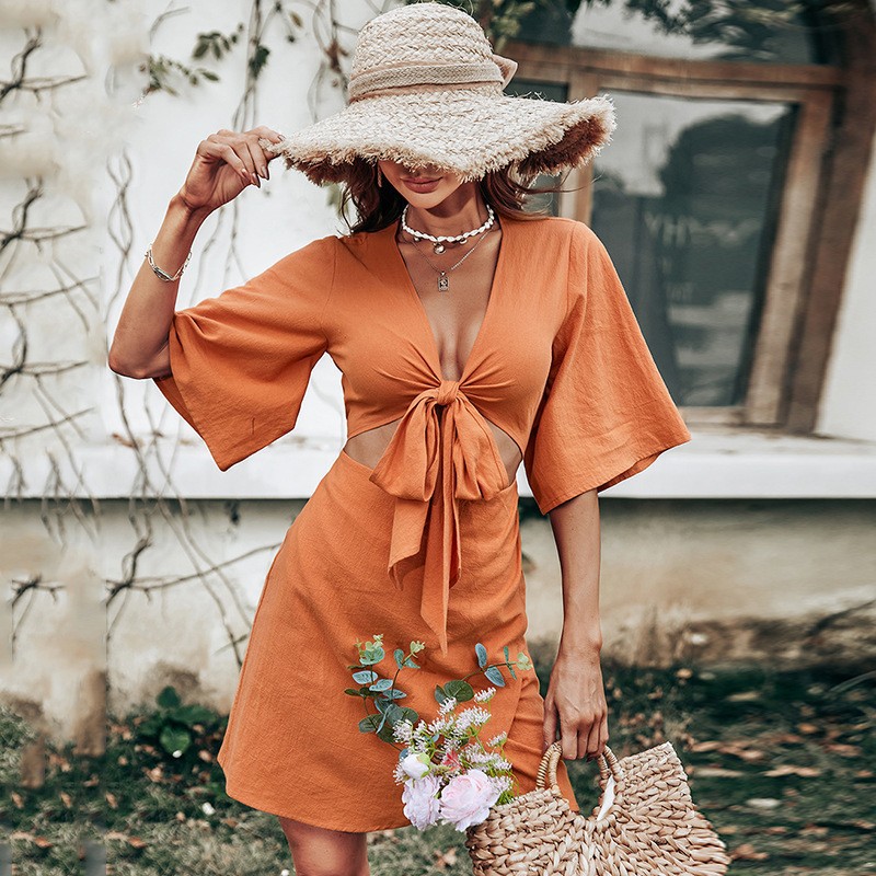 Spring And Summer Lace up Hollow Holiday Solid Color V neck Sexy Mid length Dress Women