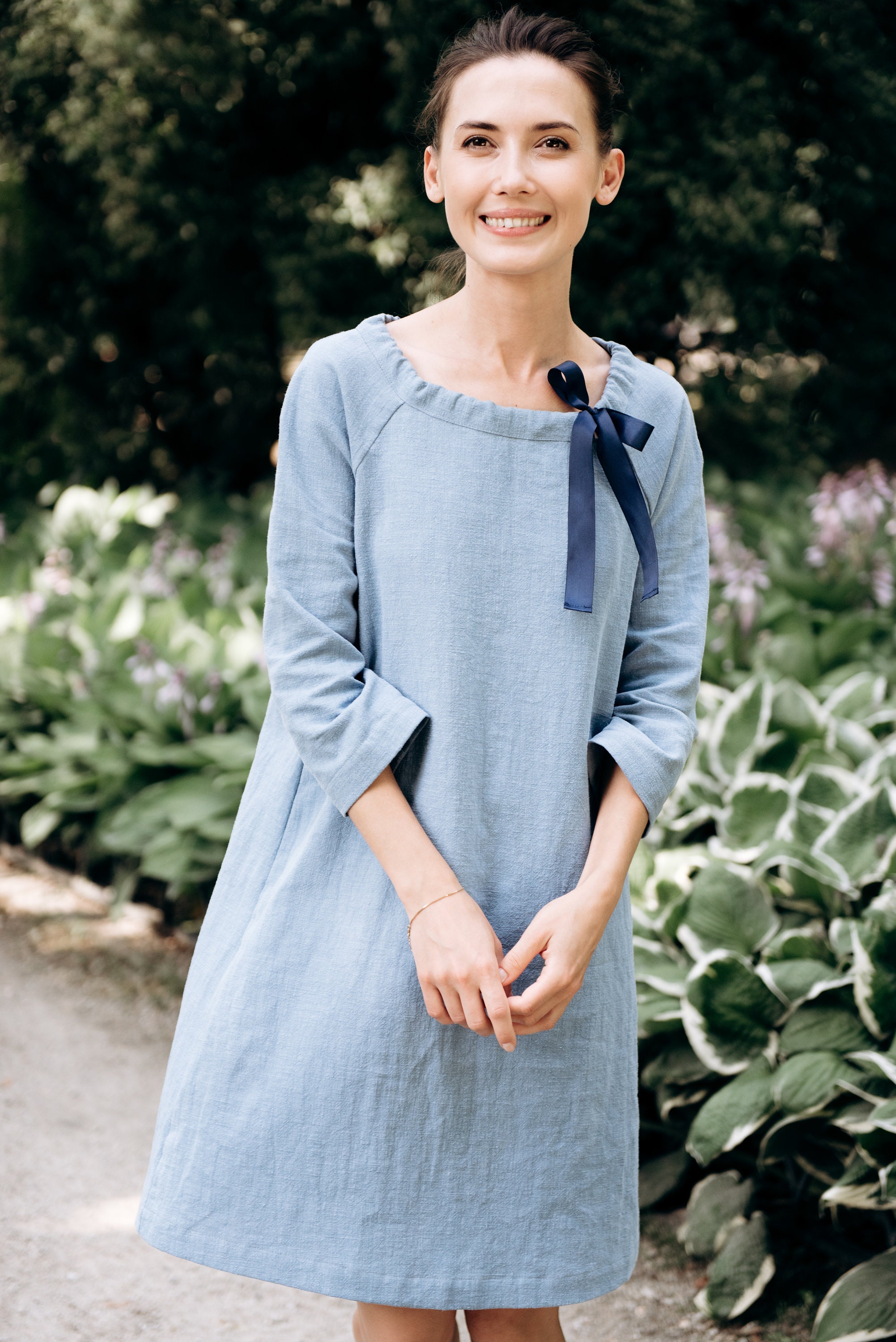 Casual Round Neck Solid Color Bow Cotton And Linen Dress
