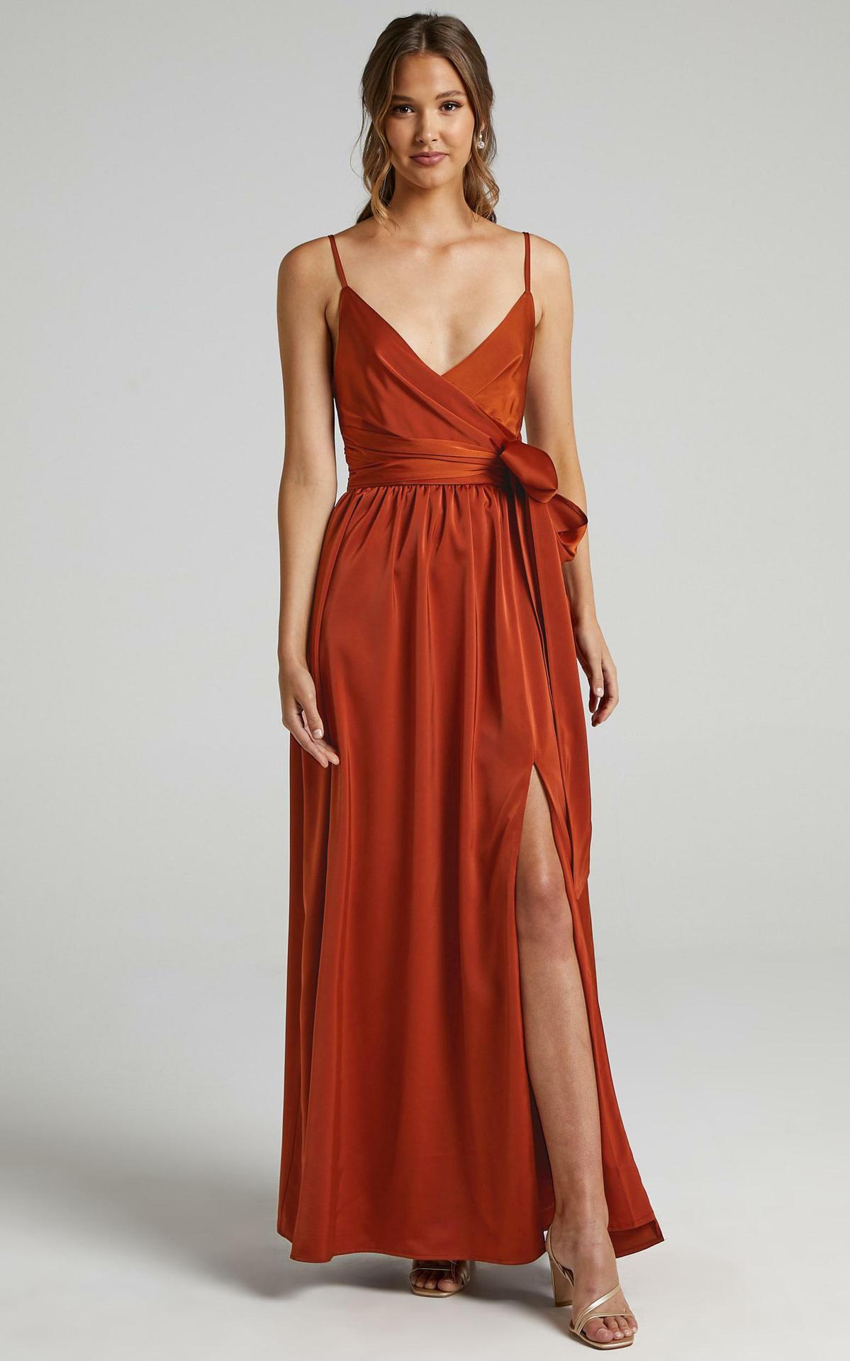 Sling V Neck High Waist Ruched Tie Solid Color Elegant Long Dress