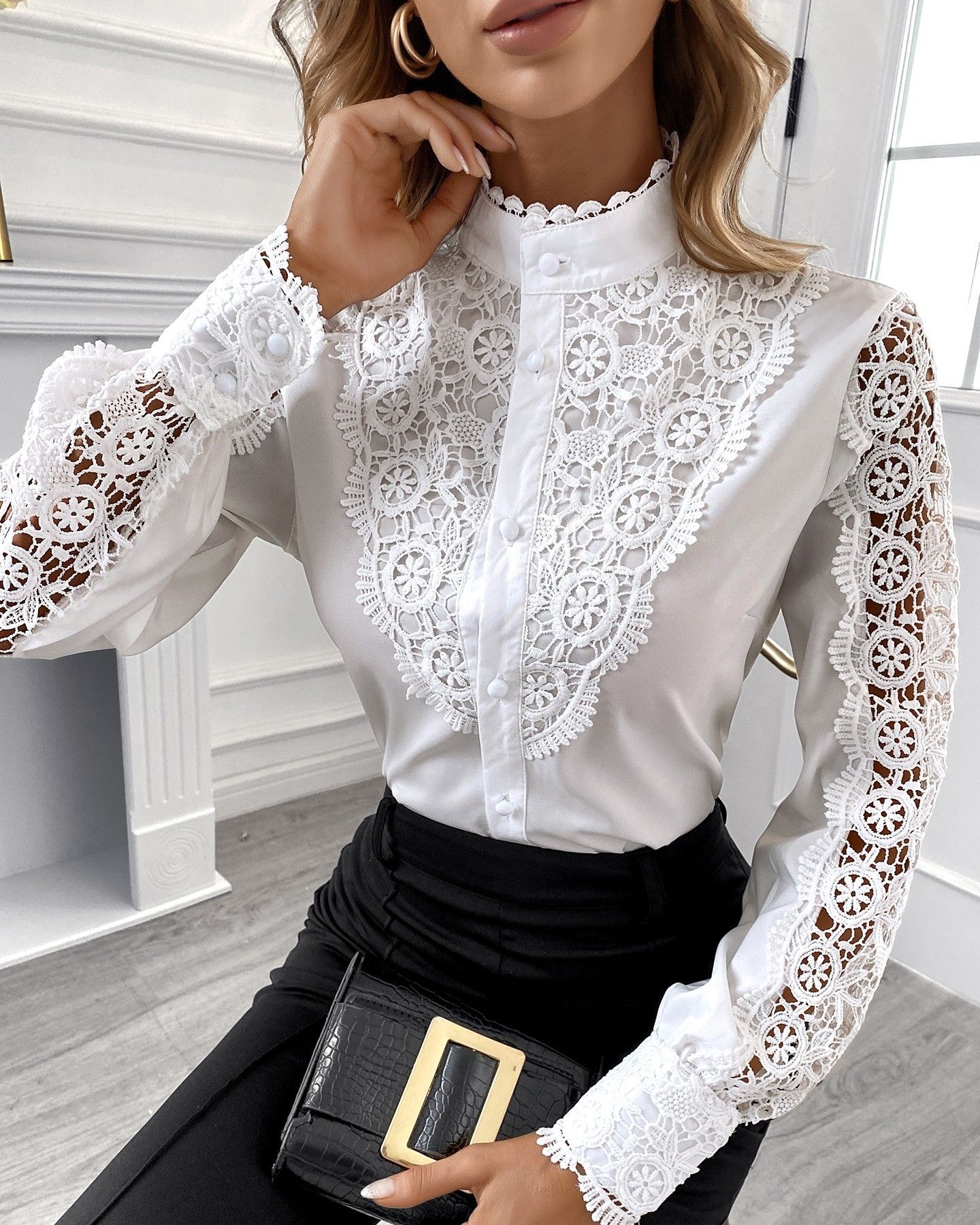 Ladies Fashion Lace Long Sleeve Button Down Shirt