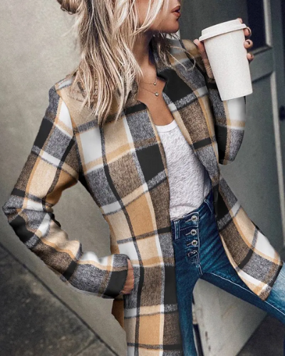 Casual Loose Check Lapel Long Sleeve Coat