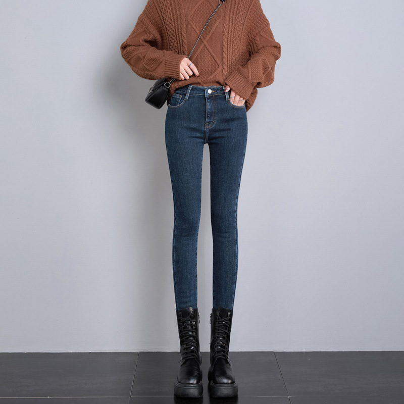 Casual Solid Color Plush Thermal Jeans