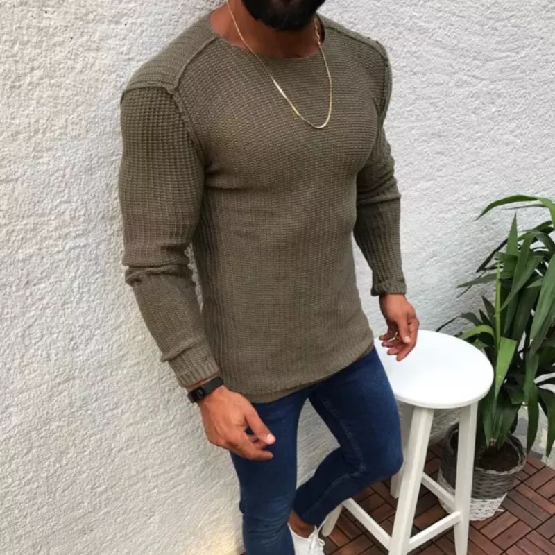 Mens Solid Color Knitted Slim Sweater