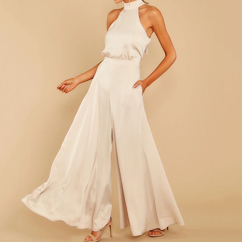 Women's Round Neck Bow Solid Color Off Shoulder Jumpsuit