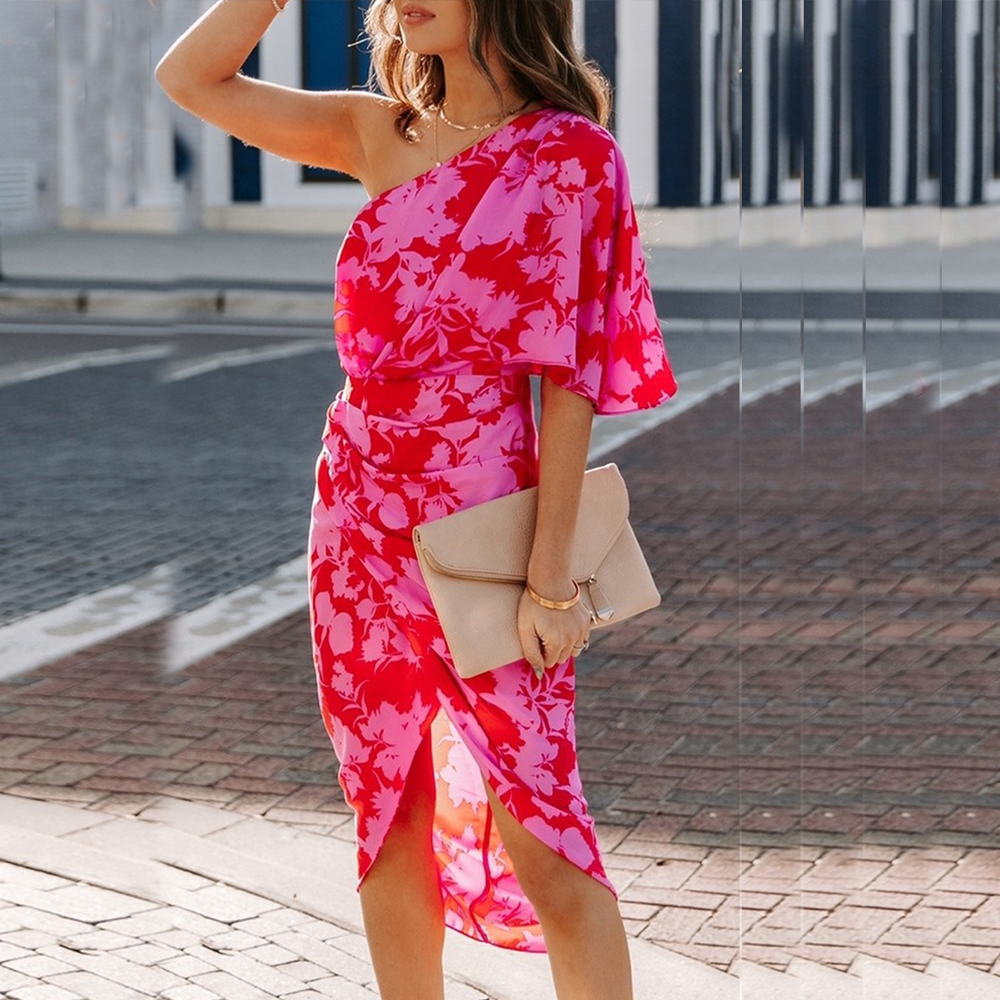 Floral Print One Shoulder Maxi Dress