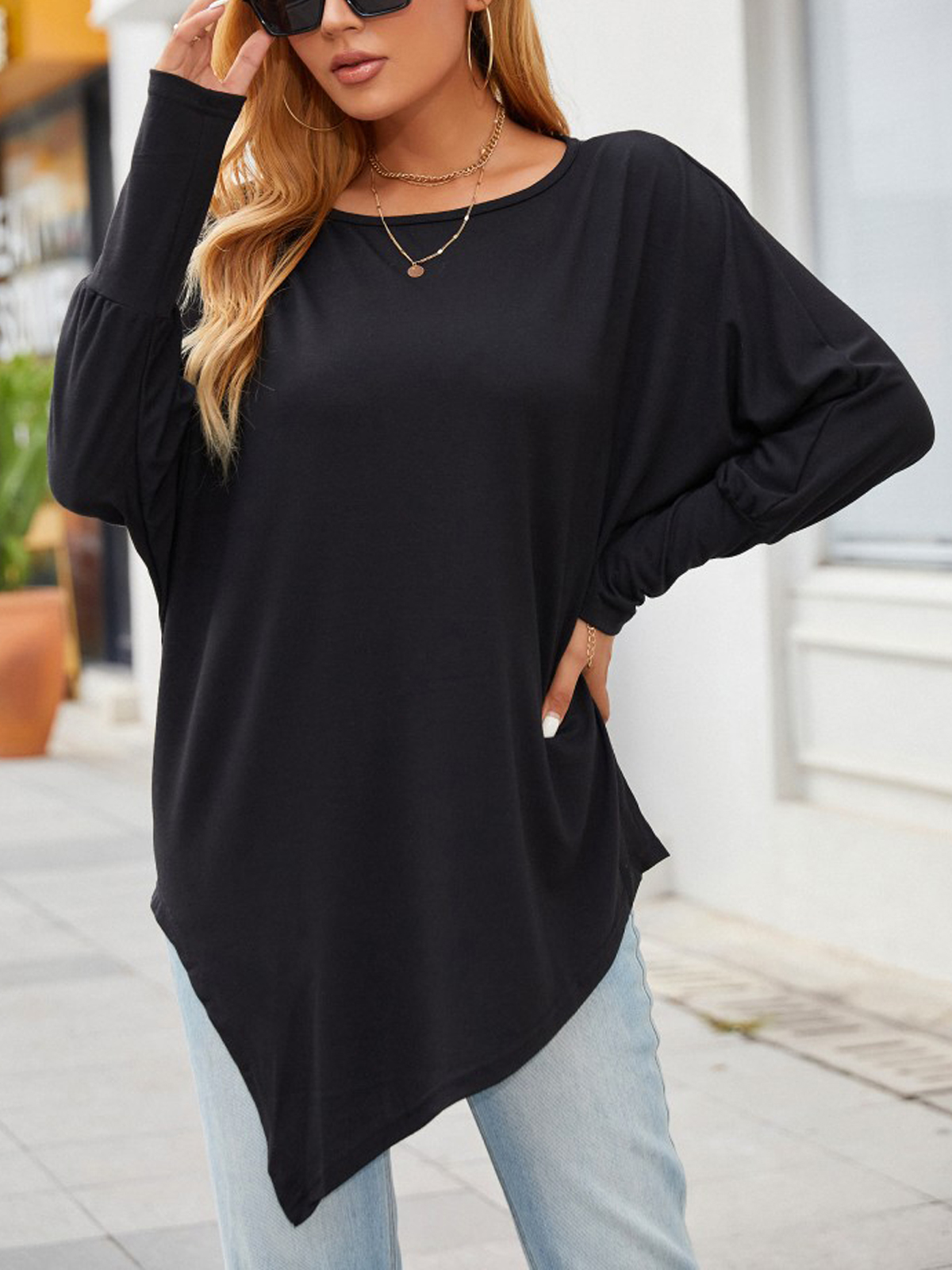 Casual Solid Color Asymmetric Hem Long Sleeve Knit Top Tunic