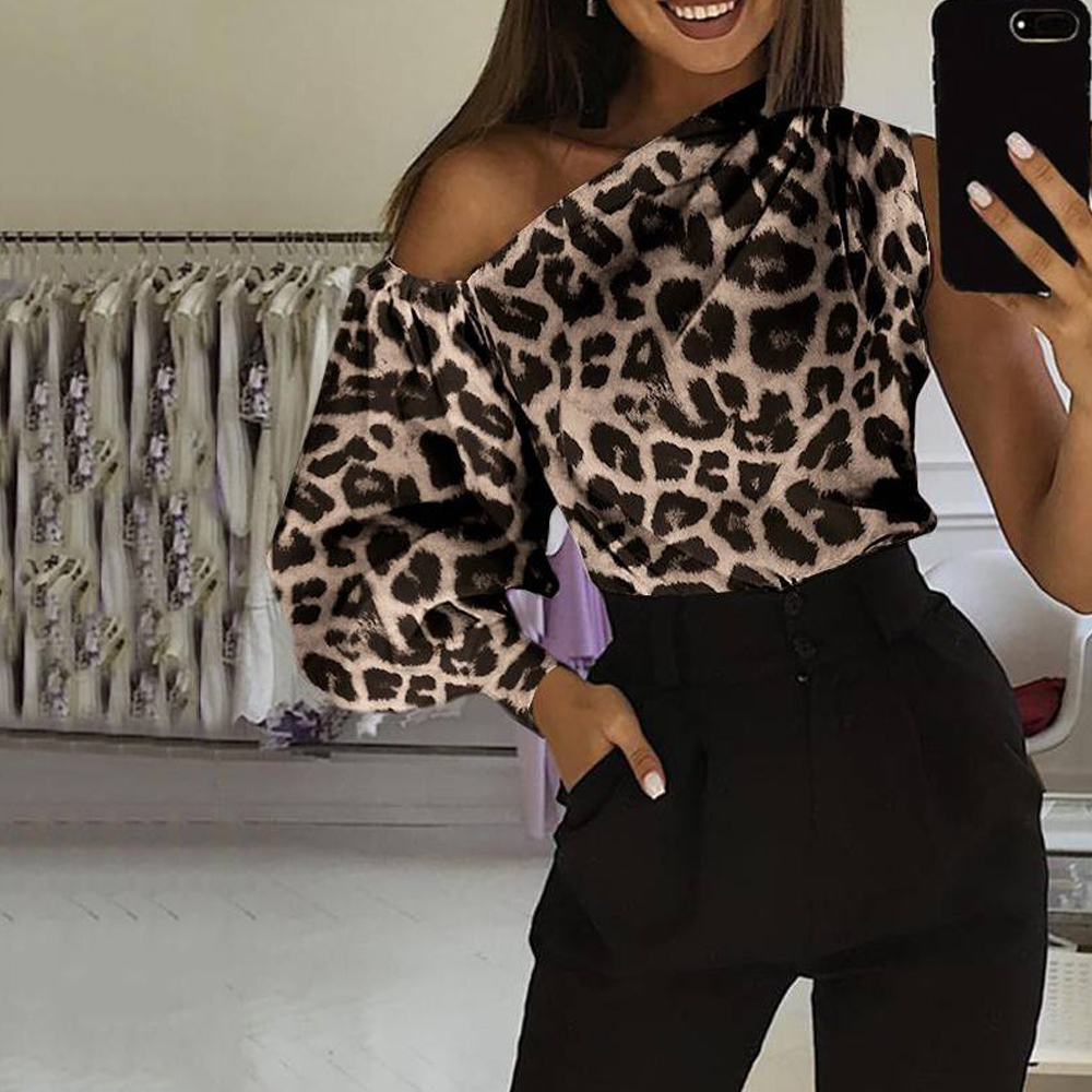 Leopard Print One Shoulder Long Sleeve Blouses Elegant