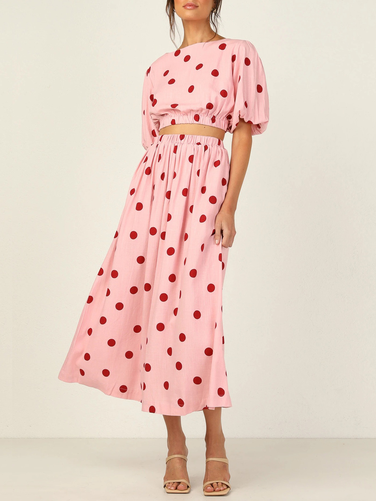 Polka Dots Print Top And Skirt Suit