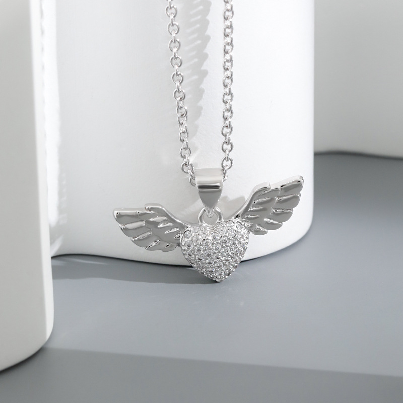 Tanabata Gift Full Of Stars Love Necklace Simple Full Diamond Heart shaped Feather Wings Love Angel Wings Necklace