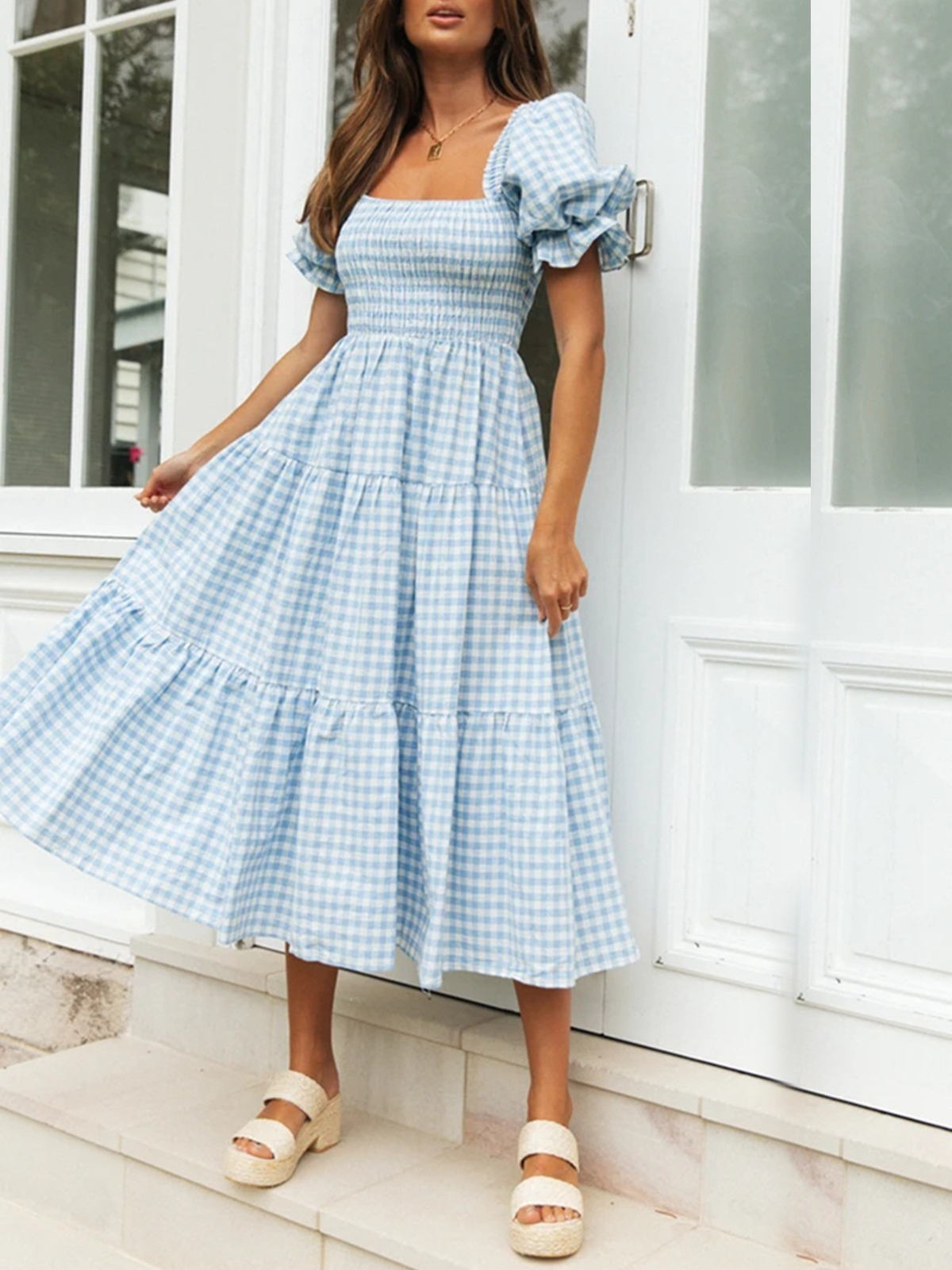Ginham Check Print Short Sleeve Smocking Maxi Dress