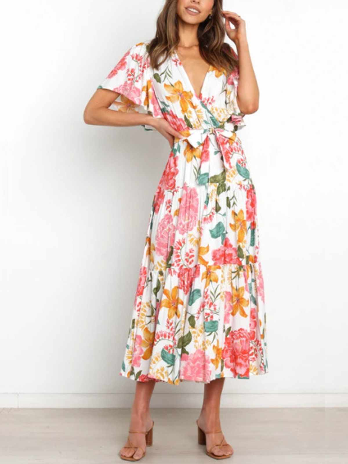 Floral Print V neck Short Sleeve Midi Dress