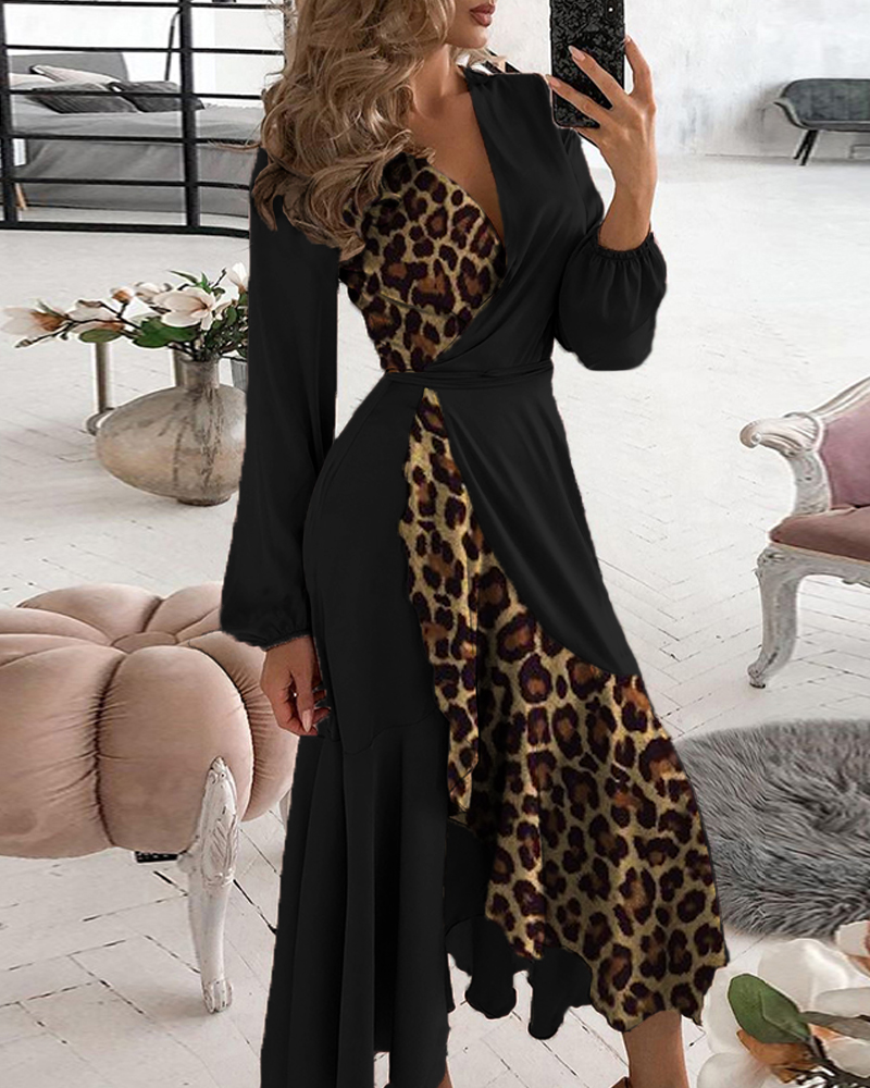 Fashion Leopared Print Ruffle Hem V neck Wrap Maxi Dress Women