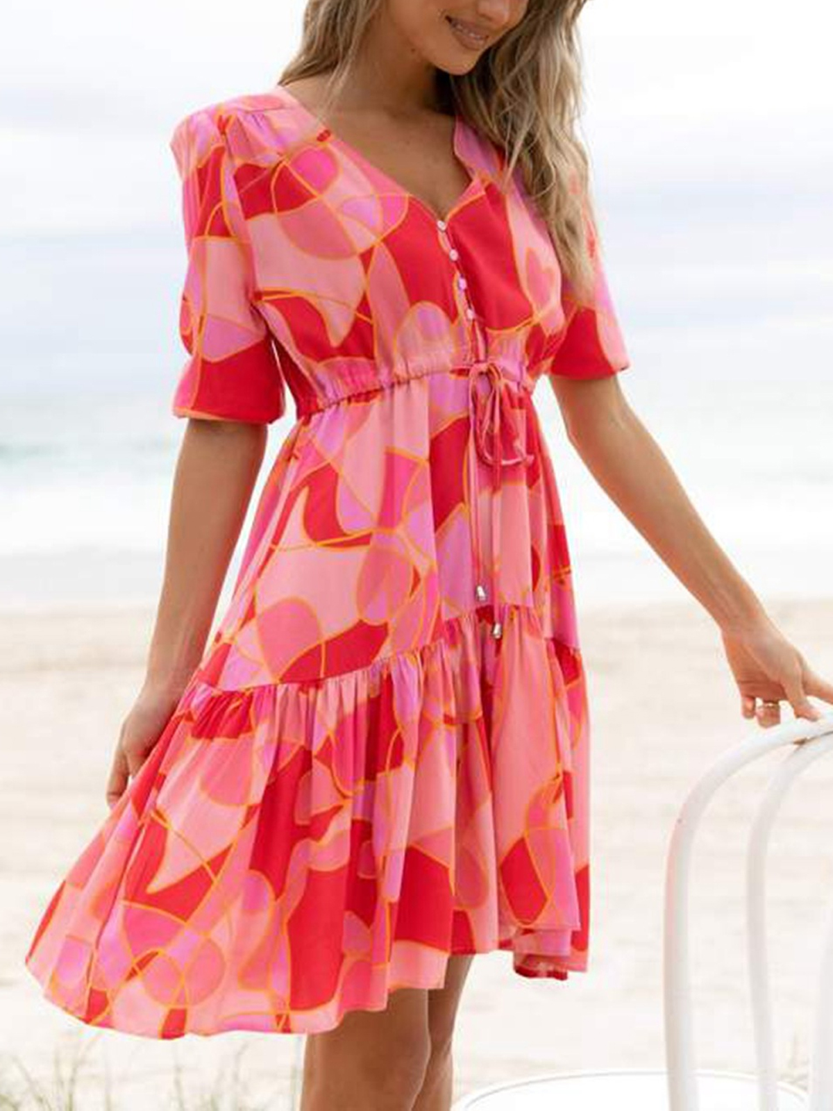 Floral Print V neck Short Sleeve Midi Dress