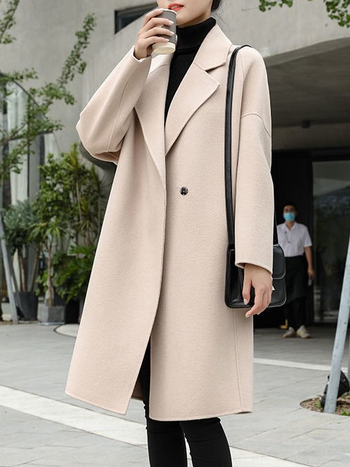 Women's Fashion Simple Solid Color Raglan Sleeves Lapel Mid Length Woolen Coat