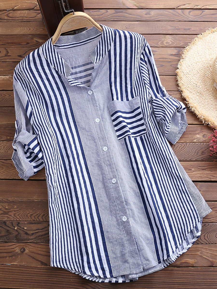 Tachibana Patchwork Brief Striped Long Sleeve Blouse
